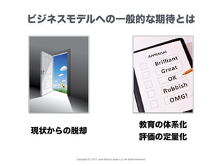 Copyright (C) 2015 Lean Startup Japan LLC All Rights Reserved.
ビジネスモデルへの一般的な期待とは
現状からの脱却
教育の体系化
評価の定量化
 