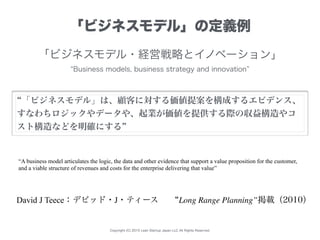 Copyright (C) 2015 Lean Startup Japan LLC All Rights Reserved.
“A business model articulates the logic, the data and other evidence that support a value proposition for the customer,
and a viable structure of revenues and costs for the enterprise delivering that value”
「ビジネスモデル・経営戦略とイノベーション」
Business models, business strategy and innovation
Long Range Planning”掲載（2010）
「ビジネスモデル」は、顧客に対する価値提案を構成するエビデンス、
すなわちロジックやデータや、起業が価値を提供する際の収益構造やコ
スト構造などを明確にする
David J Teece：デビッド・J・ティース
「ビジネスモデル」の定義例
 