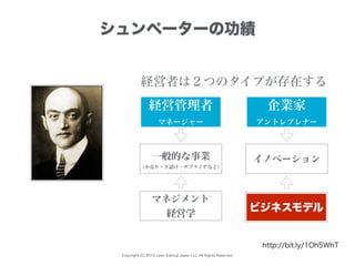 Copyright (C) 2015 Lean Startup Japan LLC All Rights Reserved.
シュンペーターの功績
http://bit.ly/1Oh5WhT
企業家
アントレプレナー
経営管理者
マネージャー
経営者は２つのタイプが存在する
イノベーション一般的な事業
（小売り・下請け・サプライヤなど）
ビジネスモデル
マネジメント
経営学
 