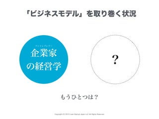 Copyright (C) 2015 Lean Startup Japan LLC All Rights Reserved.
「ビジネスモデル」を取り巻く状況
企業家
の経営学
？
もうひとつは？
アントレプレナー
 