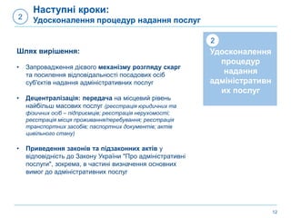 12
Удосконалення
процедур
надання
адміністративн
их послуг
2
Шлях вирішення:
• Запровадження дієвого механізму розгляду скарг
та посилення відповідальності посадових осіб
суб'єктів надання адміністративних послуг
• Децентралізація: передача на місцевий рівень
найбільш масових послуг (реєстрація юридичних та
фізичних осіб – підприємців; реєстрація нерухомості;
реєстрація місця проживання/перебування; реєстрація
транспортних засобів; паспортних документів; актів
цивільного стану)
• Приведення законів та підзаконних актів у
відповідність до Закону України "Про адміністративні
послуги", зокрема, в частині визначення основних
вимог до адміністративних послуг
Наступні кроки:
Удосконалення процедур надання послуг2
 