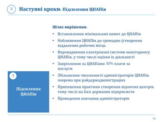 13
Шлях вирішення:
• Встановлення мінімальних вимог до ЦНАПів
• Наближення ЦНАПів до громадян (створення
віддалених робочих місць
• Впровадження електронної системи моніторингу
ЦНАПів, у тому числі оцінки їх діяльності
• Закріплення за ЦНАПами 30% плати за
послуги
• Збільшення чисельності адміністраторів ЦНАПів,
зокрема при райдержадміністраціях
• Припинення практики створення відомчих центрів,
тому числі на базі держаних підприємств
• Проведення навчання адміністраторів
Підсилення
ЦНАПів
3
Наступні кроки: Підсилення ЦНАПів3
 