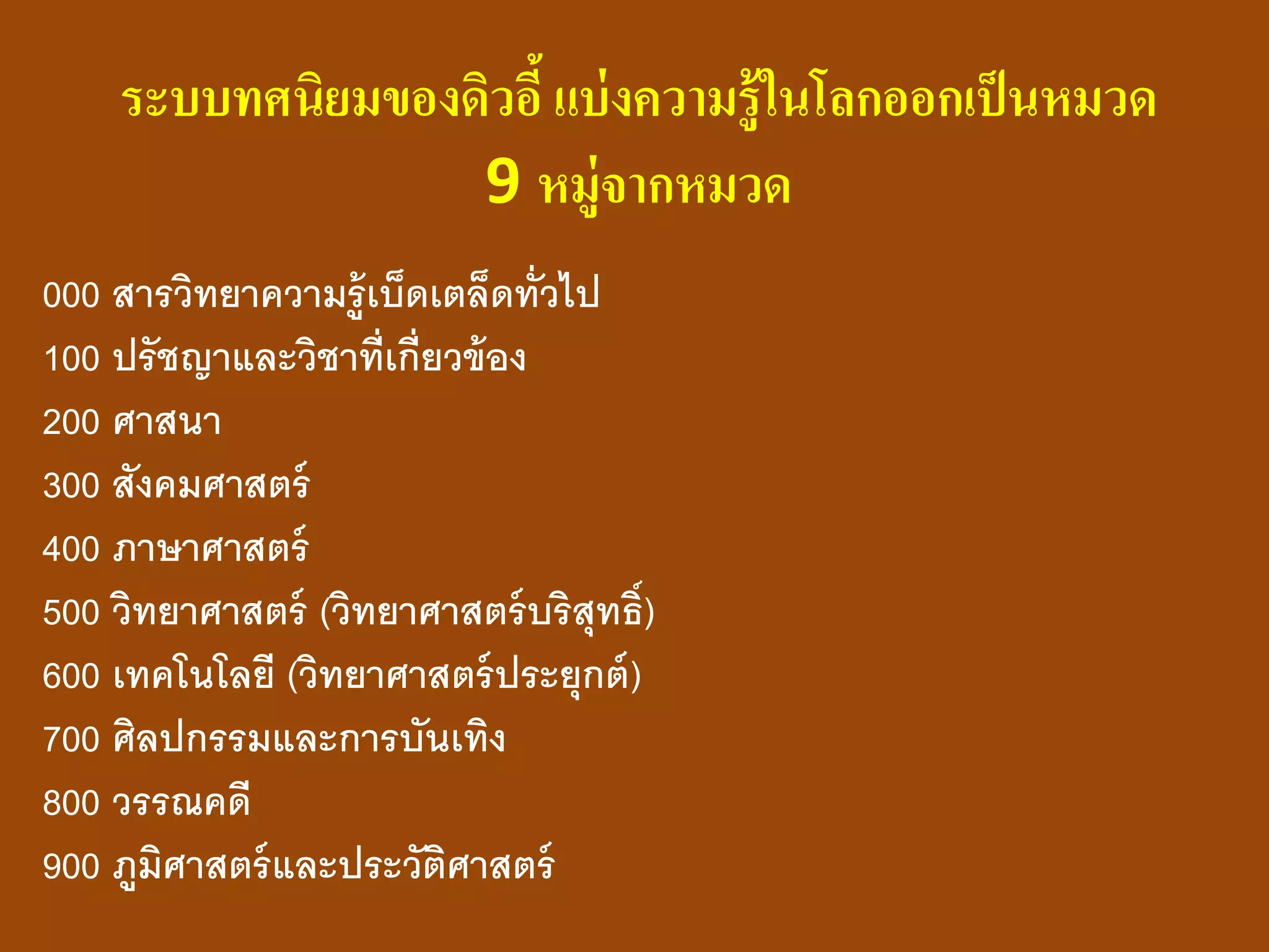ระบบทศนิยมของดิวอี้แบ่งความรู้ในโลกออกเป็นหมวด
9 หมู่จากหมวด
000 สารวิทยาความรู้เบ็ดเตล็ดทั่วไป
100 ปรัชญาและวิชาที่เกี่ยวข้อง
200 ศาสนา
300 สังคมศาสตร์
400 ภาษาศาสตร์
500 วิทยาศาสตร์ (วิทยาศาสตร์บริสุทธิ์)
600 เทคโนโลยี (วิทยาศาสตร์ประยุกต์)
700 ศิลปกรรมและการบันเทิง
800 วรรณคดี
900 ภูมิศาสตร์และประวัติศาสตร์
 