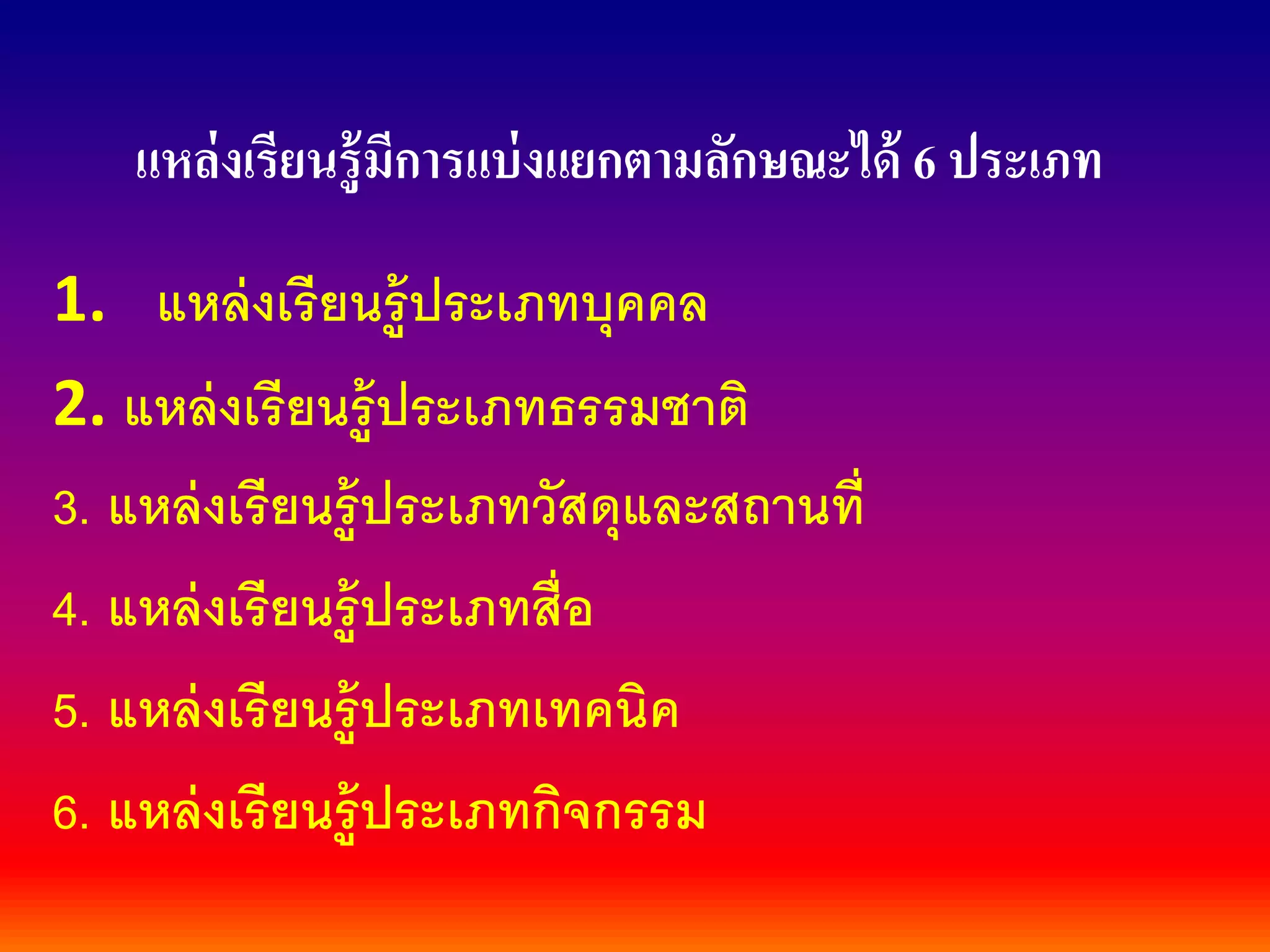 แหล่งเรียนรู้มีการแบ่งแยกตามลักษณะได้ 6 ประเภท
1. แหล่งเรียนรู้ประเภทบุคคล
2. แหล่งเรียนรู้ประเภทธรรมชาติ
3. แหล่งเรียนรู้ประเภทวัสดุและสถานที่
4. แหล่งเรียนรู้ประเภทสื่อ
5. แหล่งเรียนรู้ประเภทเทคนิค
6. แหล่งเรียนรู้ประเภทกิจกรรม
 