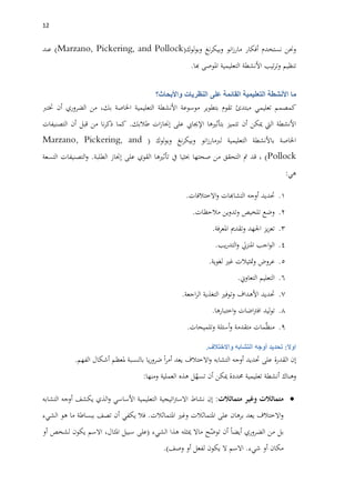 02
‫وحنن‬‫نستخدم‬‫أفكار‬‫انو‬‫ز‬‫مار‬‫نغ‬‫ر‬‫وبيك‬‫لوك‬‫و‬‫وب‬(Marzano, Pickering, and Pollock)‫عند‬
‫تنظيم‬‫تيب‬‫ر‬‫وت‬‫األنشطة‬‫التعليمية‬‫املوصى‬‫هبا‬.
‫ما‬‫األنشطة‬‫التعليمية‬‫على‬ ‫القائمة‬‫النظريات‬‫واألبحاث‬‫؟‬
‫كمصمم‬‫تعليمي‬‫مبتدئ‬‫تقوم‬‫بتطوير‬‫موسوعة‬‫األنشطة‬‫التعليمية‬‫اخلاصة‬،‫بك‬‫من‬‫الضروري‬‫أن‬‫ختترب‬
‫األنشطة‬‫اليت‬‫ميكن‬‫أن‬‫تتميز‬‫بتأثريها‬‫اإلجيايب‬‫على‬‫ات‬‫ز‬‫إجنا‬‫طالبك‬.‫كما‬‫نا‬‫ر‬‫ذك‬‫من‬‫قبل‬‫أن‬‫التصنيفات‬
‫اخلاصة‬‫با‬‫ألنشطة‬‫التعليمية‬‫انو‬‫ز‬‫لربمار‬‫نغ‬‫ر‬‫وبيك‬‫لوك‬‫و‬‫وب‬(Marzano, Pickering, and
Pollock)،‫قد‬‫مت‬‫التحقق‬‫من‬‫صحتها‬‫حبثيا‬‫يف‬‫تأثريها‬‫القوي‬‫على‬‫إجناز‬‫الطلبة‬.‫التصنيفات‬‫و‬‫التسعة‬
‫هي‬:
1.‫حتديد‬‫أوجه‬‫التشاهبات‬‫االختالفات‬‫و‬.
2.‫وضع‬‫تلخيص‬‫ين‬‫و‬‫وتد‬‫مالحظات‬.
3.‫يز‬‫ز‬‫تع‬‫اجلهد‬‫وتقدمي‬‫املعرفة‬.
4.‫اجب‬‫و‬‫ال‬‫املنزيل‬‫يب‬‫ر‬‫التد‬‫و‬.
5.‫عروض‬‫متثيالت‬‫و‬‫غري‬‫لغوية‬.
6.‫التعليم‬‫التعاوين‬.
7.‫حتديد‬‫األهداف‬‫وتوفري‬‫التغذية‬‫اجعة‬‫ر‬‫ال‬.
8.‫ليد‬‫و‬‫ت‬‫اضات‬‫رت‬‫اف‬‫اختبارها‬‫و‬.
9.‫مات‬ّ‫ظ‬‫من‬‫متقدمة‬‫أسئلة‬‫و‬‫وتلميحات‬.
‫اوال‬:‫تحديد‬‫أوجه‬‫التشابه‬‫واالختالف‬.
‫إن‬‫القدرة‬‫على‬‫حتديد‬‫أوجه‬‫التشابه‬‫االختالف‬‫و‬‫يعد‬‫ا‬‫ر‬‫أم‬‫يا‬‫ر‬‫ضرو‬‫بالنسبة‬‫ملعظم‬‫أشكال‬‫الفهم‬.
‫وهناك‬‫أنشطة‬‫تعليمية‬‫حمددة‬‫مي‬‫كن‬‫أن‬‫ل‬ّ‫تسه‬‫هذه‬‫العملية‬‫ومنها‬:
‫متماثالت‬‫وغير‬‫متماثالت‬:‫إن‬‫نشاط‬‫اتيجية‬‫رت‬‫االس‬‫التعليمية‬‫األساسي‬‫الذي‬‫و‬‫يكشف‬‫أوجه‬‫التشابه‬
‫االختالف‬‫و‬‫يعد‬‫برهان‬‫على‬‫املتماثالت‬‫وغري‬‫املتماثالت‬.‫فال‬‫يكفي‬‫أن‬‫تصف‬‫ببساطة‬‫ما‬‫هو‬‫الشيء‬
‫بل‬‫من‬‫الضروري‬‫أيضا‬‫أن‬‫ح‬ّ‫توض‬‫ماال‬‫ميثله‬‫هذا‬‫الشيء‬(‫على‬‫سبيل‬،‫املثال‬‫االسم‬‫يكون‬‫لشخص‬‫أو‬
‫مكان‬‫أو‬‫شيء‬.‫االسم‬‫ال‬‫يكون‬‫لفعل‬‫أو‬‫وصف‬.)
 