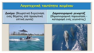 Λογοτεχνική ταυτότητα κειμένου
Δοκίμιο (θεωρητική διερεύνηση
ενός θέματος από προσωπική
οπτική γωνία)
Δημοσιογραφικό ρεπορτάζ
(δημοσιογραφική παρουσίαση -
καταγραφή ενός γεγονότος)
 