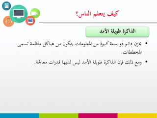 ‫يتعلم‬ ‫كيف‬‫الناس؟‬
•‫ت‬ ‫منظمة‬ ‫هياكل‬ ‫من‬ ‫يتكون‬ ‫املعلومات‬ ‫من‬ ‫كبرية‬‫سعة‬ ‫ذو‬ ‫دائم‬ ‫خمزن‬‫سمى‬
‫املخططات‬.
•‫معاجلة‬ ‫ات‬‫ر‬‫قد‬ ‫لديها‬ ‫ليس‬ ‫األمد‬ ‫طويلة‬ ‫الذاكرة‬ ‫فإن‬ ‫ذلك‬ ‫ومع‬.
‫األمد‬ ‫طويلة‬ ‫الذاكرة‬
 