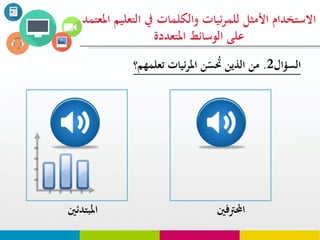 ‫السؤال‬2.‫ئيات‬‫ر‬‫امل‬ ‫ن‬ّ‫س‬ ‫ح‬‫حت‬ ‫الذين‬ ‫من‬‫تعلوهم؟‬
‫التع‬ ‫يف‬ ‫والكلوات‬ ‫ئيات‬‫ر‬‫للو‬ ‫األمثل‬ ‫االستخدام‬‫املعتود‬ ‫ليم‬
‫املتعددة‬ ‫الوسائط‬ ‫على‬
‫احملرتفني‬‫املبتدئني‬
 