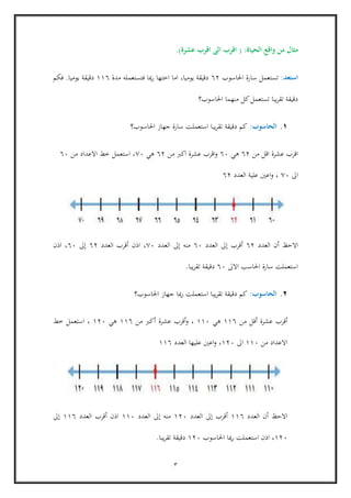 3
‫الحيا‬ ‫واقع‬ ‫من‬ ‫مثال‬‫ة‬( :‫عشرة‬ ‫اقرب‬ ‫الى‬ ‫اقرب‬.)
‫استعد‬:‫تست‬‫احلاسوب‬ ‫سارة‬ ‫عمل‬66‫يوميا‬ ‫دقيقة‬،‫مدة‬ ‫فتستعمله‬ ‫ميا‬‫ر‬ ‫اختها‬ ‫اما‬116‫يوميا‬ ‫دقيقة‬.‫فكم‬
‫احلاسوب؟‬ ‫منهما‬ ‫كل‬‫تستعمل‬ ‫يبا‬‫ر‬‫تق‬ ‫دقيقة‬
1.‫الحاسوب‬:‫احلاسوب؟‬ ‫جهاز‬ ‫سارة‬ ‫استعملت‬ ‫يبا‬‫ر‬‫تق‬ ‫دقيقة‬ ‫كم‬
‫من‬ ‫اقل‬ ‫عشرة‬ ‫اقرب‬66‫هي‬66‫من‬ ‫اكرب‬ ‫عشرة‬ ‫اقرب‬‫و‬66‫هي‬06‫االعداد‬ ‫خط‬ ‫استعمل‬ ،‫من‬66
‫اىل‬06‫العدد‬ ‫علية‬ ‫اعني‬‫و‬ ،66
‫االحظ‬‫أ‬‫العدد‬ ‫ن‬66‫أ‬‫قرب‬‫إ‬‫العدد‬ ‫ىل‬66‫منه‬‫إ‬‫العدد‬ ‫ىل‬06‫اذن‬ ،‫أ‬‫العدد‬ ‫قرب‬66‫إ‬‫ىل‬66‫اذن‬ ،
‫االىل‬ ‫احلاسب‬ ‫سارة‬ ‫استعملت‬66‫يبا‬‫ر‬‫تق‬ ‫دقيقة‬.
2.‫الحاسوب‬:‫احلاسوب؟‬ ‫جهاز‬ ‫ميا‬‫ر‬ ‫استعملت‬ ‫يبا‬‫ر‬‫تق‬ ‫دقيقة‬ ‫كم‬
‫أ‬‫عشرة‬ ‫قرب‬‫أ‬‫من‬ ‫قل‬116‫هي‬116‫و‬ ،‫أ‬‫عشرة‬ ‫قرب‬‫أ‬‫من‬ ‫كرب‬116‫هي‬166‫خط‬ ‫استعمل‬ ،
‫من‬ ‫االعداد‬116‫اىل‬166‫العدد‬ ‫عليها‬ ‫اعني‬‫و‬ ،116
‫االحظ‬‫أ‬‫العدد‬ ‫ن‬116‫أ‬‫قرب‬‫إ‬‫العدد‬ ‫ىل‬166‫منه‬‫إ‬‫العدد‬ ‫ىل‬116‫اذن‬‫أ‬‫العدد‬ ‫قرب‬116‫إ‬‫ىل‬
166‫احلاسوب‬ ‫ميا‬‫ر‬ ‫استعملت‬ ‫اذن‬ ،166‫يبا‬‫ر‬‫تق‬ ‫دقيقة‬.
 