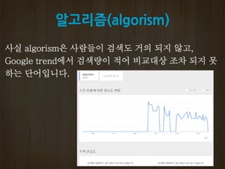 알고리즘(algorism)
사실 algorism은 사람들이 검색도 거의 되지 않고,
Google trend에서 검색량이 적어 비교대상 조차 되지 못
하는 단어입니다.
 