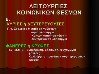 ΛΕΙΤΟΥΡΓΙΕΣΛΕΙΤΟΥΡΓΙΕΣ
ΚΟΙΝΩΝΙΚΩΝ ΘΕΣΜΩΝΚΟΙΝΩΝΙΚΩΝ ΘΕΣΜΩΝ
Β.Β.
ΚΥΡΙΕΣ ή ΔΕΥΤΕΡΕΥΟΥΣΕΣΚΥΡΙΕΣ ή ΔΕΥΤΕΡΕΥΟΥΣΕΣ
Π.χ. Σχολείο : Μετάδοση γνώσεων –Π.χ. Σχολείο : Μετάδοση γνώσεων –
κύρια λειτουργίακύρια λειτουργία
Κοινωνικοποίηση νέων –Κοινωνικοποίηση νέων –
δευτερεύουσαδευτερεύουσα λειτουργίαλειτουργία
ΦΑΝΕΡΕΣ ή ΚΡΥΦΕΣΦΑΝΕΡΕΣ ή ΚΡΥΦΕΣ
Π.χ. Μ.Μ.Ε.: Ενημέρωση, μόρφωση, ψυχαγωγία –Π.χ. Μ.Μ.Ε.: Ενημέρωση, μόρφωση, ψυχαγωγία –
φανερέςφανερές
Καλλιέργεια προτύπων συμπεριφοράς –Καλλιέργεια προτύπων συμπεριφοράς –
κρυφέςκρυφές
 