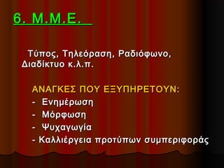 6. Μ.Μ.Ε.6. Μ.Μ.Ε.
Τύπος, Τηλεόραση, Ραδιόφωνο,Τύπος, Τηλεόραση, Ραδιόφωνο,
Διαδίκτυο κ.λ.π.Διαδίκτυο κ.λ.π.
ΑΝΑΓΚΕΣ ΠΟΥ ΕΞΥΠΗΡΕΤΟΥΝ:ΑΝΑΓΚΕΣ ΠΟΥ ΕΞΥΠΗΡΕΤΟΥΝ:
- Ενημέρωση- Ενημέρωση
- Μόρφωση- Μόρφωση
- Ψυχαγωγία- Ψυχαγωγία
- Καλλιέργεια προτύπων συμπεριφοράς- Καλλιέργεια προτύπων συμπεριφοράς
 
