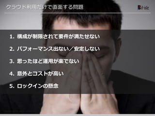 Copyright 2015 Bit-isle Inc. All Rights Reserved
クラウド利用だけで直面する問題
1. 構成が制限されて要件が満たせない
2. パフォーマンス出ない／安定しない
3. 思ったほど運用が楽でない
4. 意外とコストが高い
5. ロックインの懸念
 