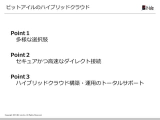 Copyright 2015 Bit-isle Inc. All Rights Reserved
ビットアイルのハイブリッドクラウド
Point１
多様な選択肢
Point２
セキュアかつ高速なダイレクト接続
Point３
ハイブリッドクラウド構築・運用のトータルサポート
 