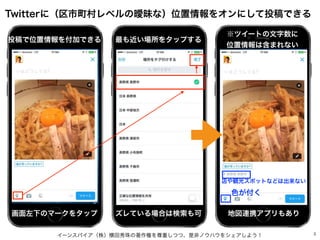 イーンスパイア（株）横田秀珠の著作権を尊重しつつ、是非ノウハウをシェアしよう！ 3
Twitterに（区市町村レベルの曖昧な）位置情報をオンにして投稿できる
色が付く
店や観光スポットなどは出来ない
投稿で位置情報を付加できる
画面左下のマーク...