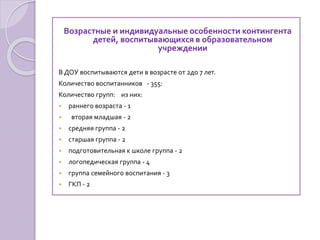 Возрастные и индивидуальные особенности контингента
детей, воспитывающихся в образовательном
учреждении
В ДОУ воспитываются дети в возрасте от 2до 7 лет.
Количество воспитанников - 355:
Количество групп: из них:
 раннего возраста - 1
 вторая младшая - 2
 средняя группа - 2
 старшая группа - 2
 подготовительная к школе группа - 2
 логопедическая группа - 4
 группа семейного воспитания - 3
 ГКП - 2
 