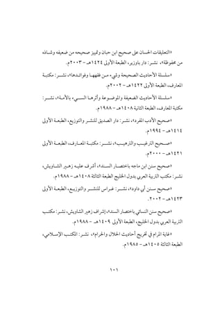 010
«‫حبان‬ ‫ابن‬ ‫صحقح‬ ‫ظذ‬ ‫سان‬ ‫ا‬ ‫افتعؾقؼات‬‫وصـاهه‬ ‫ضعقػه‬ ‫من‬ ‫صحقحه‬ ‫ومتققز‬
‫حمػوطة‬ ‫من‬»،،‫باوزير‬ ‫دار‬ :‫كشـر‬‫األ‬ ‫افطبعة‬‫وػ‬0424‫هـ‬-2113‫م‬.
«‫ورء‬ ‫افصحقحة‬ ‫األحاديث‬ ‫شؾسؾة‬‫وؾوائـدها‬ ‫ؾؼففـا‬ ‫مـن‬»‫مؽتبـة‬ :‫كشــر‬ ،
‫األوػ‬ ‫افطبعة‬ ،‫ادعارف‬0422‫هـ‬-2112.‫م‬
«‫افسـ‬ ‫وأررهـا‬ ‫وادوضـوظة‬ ‫افضعقػة‬ ‫األحاديث‬ ‫شؾسؾة‬‫ـ‬‫باألمـة‬ ‫يء‬»‫كشـ‬ ،‫ـ‬:‫ر‬
،‫ادعارف‬ ‫مؽتبة‬‫افثاكقة‬ ‫افطبعة‬0418‫هـ‬-0988‫م‬.
«‫ادػرد‬ ‫األدب‬ ‫صحقح‬»‫كش‬ ،‫ـ‬:‫ر‬‫فؾـش‬ ‫افصديق‬ ‫دار‬‫ـ‬‫األوػ‬ ‫افطبعـة‬ ،‫وافتوزيع‬ ‫ر‬
0404‫هـ‬-0994‫م‬.
«‫وافسهقــ‬ ‫افسؽقــ‬ ‫صــحقح‬»،‫ادعــارف‬ ‫مؽتبــة‬ :‫كشـــر‬ ،‫افطبعــة‬‫األوػ‬
0420‫هـ‬-2111‫م‬.
«‫افســد‬ ‫باختصـار‬ ‫ماجه‬ ‫ابن‬ ‫شـن‬ ‫صحقح‬»،‫ظؾقـه‬ ‫أذف‬‫افشـاويش‬ ‫زهـر‬،
:‫كشـر‬‫افثافثة‬ ‫افطبعة‬ ‫اخلؾقج‬ ‫بدول‬ ‫افعريب‬ ‫افسبقة‬ ‫مؽت‬0418‫هـ‬-0988‫م‬.
«‫داود‬ ‫أيب‬ ‫شــن‬ ‫صحقح‬»‫كشـ‬ ،‫ـ‬‫فؾـشـ‬ ‫ؽـراس‬ :‫ر‬‫ـ‬‫ر‬‫األوػ‬ ‫افطبعـة‬ ،‫وافتوزيـع‬
0423‫هـ‬-2112.
«‫افسـد‬‫باختصار‬‫افـسائي‬‫شـن‬‫صحقح‬»،‫إذاف‬‫افشاويش‬‫زهر‬‫كش‬،‫ـ‬:‫ر‬‫مؽتـ‬
‫افسبق‬‫األ‬ ‫افطبعة‬ ،‫اخلؾقج‬ ‫بدول‬ ‫افعريب‬ ‫ة‬‫وػ‬0419‫هـ‬-0988‫م‬.
«‫ادرام‬ ‫ؽاية‬‫رام‬ ‫وا‬ ‫الل‬ ‫ا‬ ‫أحاديث‬ ‫ختريج‬ ‫يف‬»،‫اإلشـالمي‬ ‫ادؽتـ‬ :‫كشـر‬ ،
‫افطبعة‬‫افثافثة‬0415‫هـ‬-0985.‫م‬
 