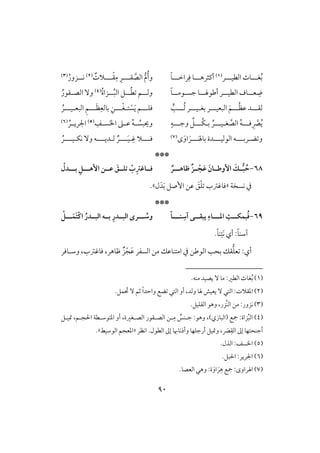 91
‫غلل‬ُ‫ب‬‫ل‬‫وث‬‫افطقلل‬‫ل‬‫ر‬(1)‫أـثرهلل‬‫ل‬‫راخلل‬ِ‫ؾ‬ ‫و‬‫ل‬ً‫و‬‫و‬ُ‫أ‬‫لل‬‫ل‬‫ؼ‬ َّ‫افص‬ ‫م‬‫ل‬‫لل‬‫ل‬ْ‫ؼ‬ِ‫م‬ ِ‫ر‬‫ل‬ٌ‫َلت‬(2)
ُ‫للزور‬‫ل‬‫ك‬(3)
‫ل‬‫ل‬‫ع‬ ِ‫ض‬‫ل‬‫ل‬‫ل‬‫افطق‬ ‫وف‬‫ل‬‫ل‬‫ل‬‫أضقهل‬ ‫ر‬‫ل‬‫جس‬ ‫و‬‫ل‬‫ل‬‫ل‬‫قم‬‫ل‬ً‫و‬‫ل‬‫ل‬‫وف‬‫ل‬‫ل‬‫ل‬ُ‫ط‬ ‫ؿ‬‫ل‬‫ل‬‫ل‬ُ‫ب‬‫اف‬ ‫ؾ‬‫ل‬ُ‫ة‬‫زا‬(4)
ُ‫لؼقر‬‫ل‬‫افص‬ ٓ‫و‬
‫فؼلل‬‫ل‬‫لل‬ُ‫ظ‬‫ظ‬ ‫د‬‫ل‬‫افبعقلل‬ َ‫ؿ‬‫ل‬‫بغ‬ ‫ر‬‫ل‬‫قلل‬‫ل‬‫لل‬ُ‫ف‬ ‫ر‬‫ل‬‫ـ‬‫ى‬‫ؾؾلل‬‫ل‬‫ت‬ ْ‫س‬َ‫ي‬ ‫ؿ‬‫ل‬‫لل‬ْ‫غ‬‫ل‬‫لل‬َ‫ظ‬ِ‫بوفع‬ ِ‫ـ‬‫ل‬‫افبع‬ ِ‫ؿ‬‫ل‬‫قلل‬‫ل‬ُ‫ر‬
‫ؾلل‬ ِ َّ‫ك‬ُ‫ي‬‫ل‬‫غ‬ َّ‫افص‬ ُ‫ف‬‫ل‬‫قلل‬‫ل‬‫ب‬ ُ‫ر‬‫ل‬‫ُلل‬‫ؽ‬‫ل‬‫وجلل‬ ِّ‫ؾ‬‫ل‬ٍ‫ف‬ِ‫لػ‬‫ل‬‫س‬َ‫ا‬‫ا‬ ‫ظللذ‬ ُ‫ف‬‫ل‬‫ل‬ ُ‫ويبس‬(5)
ُ‫اجلريللر‬(6)
‫ض‬ ‫و‬‫ل‬‫لل‬‫ل‬‫رب‬‫ل‬‫لل‬‫ل‬‫افقفق‬ ‫ف‬‫ل‬‫لل‬‫ل‬َ‫بوهل‬ ‫دة‬‫ل‬‫ى‬َ‫او‬ َ‫ر‬(7)‫لل‬‫ل‬‫ؾ‬‫ل‬ِ‫ؽ‬ ‫َل‬‫ل‬‫لل‬‫ل‬َ‫ق‬‫ل‬‫ف‬ ٌ‫ر‬‫ل‬‫لل‬‫ل‬‫دي‬‫ل‬‫كؽ‬ ٓ‫و‬ ‫ف‬‫ل‬‫لل‬‫ل‬‫ق‬‫ل‬ُ‫ر‬
***
68-‫طاهــ‬ ٌ‫ز‬‫ــ‬ ْ‫ج‬َ‫ظ‬ َ‫إوضــان‬ َ‫ــك‬ُ‫ب‬ ُ‫ح‬‫ـ‬ٌ‫ر‬ٕ‫ا‬ ‫ظــن‬ َ‫تؾــهلل‬ ُِْ‫ؾــاؽس‬‫هـــ‬‫بــ‬ ِ‫ـ‬ْ‫دل‬
‫كس‬ ‫يف‬‫خ‬‫ي‬«‫ظـ‬ َ‫ؼ‬ْ‫ؾ‬ ‫ؾوؽسب‬‫إصؾ‬‫ل‬َ‫د‬َ‫ب‬.‫ش‬
***
69-‫ــ‬‫ـ‬‫اد‬ ِ‫ــث‬‫ـ‬‫بؿؽ‬ُ‫ؾ‬‫ـ‬‫ــ‬‫ـ‬‫ـ‬ ِ‫ش‬ ‫ــى‬‫ـ‬‫يبؼ‬ ِ‫اء‬‫ـ‬ً‫ا‬‫ــ‬ ُ‫وش‬‫ـ‬‫ــ‬َ‫َؿ‬‫ت‬ْ‫ـ‬‫ا‬ ُ‫افبــدر‬ ‫بــه‬ ِ‫افبــدر‬ ‫رى‬‫ـ‬ْ
َ‫ك‬ ‫أي‬ :ً‫و‬‫آشـ‬ِ‫ت‬.ً‫و‬‫ـ‬
‫أي‬:‫عؾ‬‫يف‬ ‫افقضـ‬ ‫بحى‬ ‫ؼؽ‬‫امتـو‬ْ‫ج‬َ‫ظ‬ ‫افسػر‬ ‫مـ‬ ‫ظؽ‬‫وشلوؾر‬ ،‫ؾوؽسب‬ ،‫طوهر‬ ٌ‫ز‬
(1).‫مـف‬ ‫يصقد‬ ٓ ‫مو‬ :‫افطر‬ ‫غوث‬ُ‫ب‬
(2)َ‫حت‬ ٓ ‫ثؿ‬ ً‫ا‬‫واحد‬ ‫ضع‬ ‫افتل‬ ‫أو‬ ،‫وفد‬ ‫هلو‬ ‫يعقش‬ ٓ ‫افتل‬ :‫ادؼَلت‬.‫ؿؾ‬
(3).‫افؼؾقؾ‬ ‫وهق‬ ،‫َّزر‬‫ـ‬‫اف‬ ‫مـ‬ :‫كزور‬
(4)‫(افبوز‬ ‫مجع‬ :‫زاة‬ُ‫ب‬‫اف‬‫ي‬‫ل‬ِ‫م‬ ٌ‫جلـس‬ :‫وهق‬ ،)‫متقلؾ‬ ،‫اْلجلؿ‬ ‫ادتقشلطي‬ ‫أو‬ ،‫افصلغرة‬ ‫افصلؼقر‬ ‫ـ‬
‫أجـح‬‫و‬ ‫أرجؾفو‬ ‫ومتقؾ‬ ، َ‫ك‬ِ‫افؼ‬ ‫إػ‬ ‫تفو‬‫افطقل‬ ‫إػ‬ ‫أذكوهبو‬.‫اكظر‬«‫افقشقط‬ ‫ادعجؿ‬.‫ش‬
(5).‫افذل‬ :‫ااسػ‬
(6).‫اْلبؾ‬ :‫اجلرير‬
(7).‫افعصو‬ ‫وهل‬ :‫ة‬َ‫او‬ َ‫ر‬ِ‫ه‬ ‫مجع‬ :‫اهلراوى‬
 