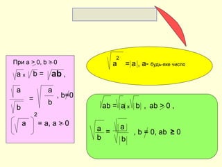 При a > 0, b > 0
a x b = ab ,
a
b
= , b=0
a
b
a
2
= a, a > 0
a
2
= a , a- будь-яке число
ab = a x b , ab > 0 ,
a
b
=
a
b
, b = 0, ab ≥ 0
 