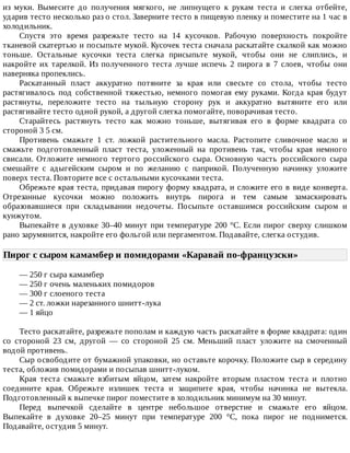 из	 муки.	 Вымесите	 до	 получения	 мягкого,	 не	 липнущего	 к	 рукам	 теста	 и	 слегка	 отбейте,
ударив	тесто	несколько	раз	о	стол.	Заверните	тесто	в	пищевую	пленку	и	поместите	на	1	час	в
холодильник.
Спустя	 это	 время	 разрежьте	 тесто	 на	 14	 кусочков.	 Рабочую	 поверхность	 покройте
тканевой	скатертью	и	посыпьте	мукой.	Кусочек	теста	сначала	раскатайте	скалкой	как	можно
тоньше.	 Остальные	 кусочки	 теста	 слегка	 присыпьте	 мукой,	 чтобы	 они	 не	 слиплись,	 и
накройте	 их	 тарелкой.	 Из	 полученного	 теста	 лучше	 испечь	 2	 пирога	 в	 7	 слоев,	 чтобы	 они
наверняка	пропеклись.
Раскатанный	 пласт	 аккуратно	 потяните	 за	 края	 или	 свесьте	 со	 стола,	 чтобы	 тесто
растягивалось	 под	 собственной	 тяжестью,	 немного	 помогая	 ему	 руками.	 Когда	 края	 будут
растянуты,	 переложите	 тесто	 на	 тыльную	 сторону	 рук	 и	 аккуратно	 вытяните	 его	 или
растягивайте	тесто	одной	рукой,	а	другой	слегка	помогайте,	поворачивая	тесто.
Старайтесь	 растянуть	 тесто	 как	 можно	 тоньше,	 вытягивая	 его	 в	 форме	 квадрата	 со
стороной	3	5	см.
Противень	 смажьте	 1	 ст.	 ложкой	 растительного	 масла.	 Растопите	 сливочное	 масло	 и
смажьте	 подготовленный	 пласт	 теста,	 уложенный	 на	 противень	 так,	 чтобы	 края	 немного
свисали.	 Отложите	 немного	 тертого	 российского	 сыра.	 Основную	 часть	 российского	 сыра
смешайте	 с	 адыгейским	 сыром	 и	 по	 желанию	 с	 паприкой.	 Полученную	 начинку	 уложите
поверх	теста.	Повторите	все	с	остальными	кусочками	теста.
Обрежьте	края	теста,	придавая	пирогу	форму	квадрата,	и	сложите	его	в	виде	конверта.
Отрезанные	 кусочки	 можно	 положить	 внутрь	 пирога	 и	 тем	 самым	 замаскировать
образовавшиеся	 при	 складывании	 недочеты.	 Посыпьте	 оставшимся	 российским	 сыром	 и
кунжутом.
Выпекайте	в	духовке	30–40	минут	при	температуре	200	°C.	Если	пирог	сверху	слишком
рано	зарумянится,	накройте	его	фольгой	или	пергаментом.	Подавайте,	слегка	остудив.
Пирог	с	сыром	камамбер	и	помидорами	«Каравай	по-французски»	
—	250	г	сыра	камамбер
—	250	г	очень	маленьких	помидоров
—	300	г	слоеного	теста
—	2	ст.	ложки	нарезанного	шнитт-лука
—	1	яйцо
Тесто	раскатайте,	разрежьте	пополам	и	каждую	часть	раскатайте	в	форме	квадрата:	один
со	 стороной	 23	 см,	 другой	 —	 со	 стороной	 25	 см.	 Меньший	 пласт	 уложите	 на	 смоченный
водой	противень.
Сыр	освободите	от	бумажной	упаковки,	но	оставьте	корочку.	Положите	сыр	в	середину
теста,	обложив	помидорами	и	посыпав	шнитт-луком.
Края	 теста	 смажьте	 взбитым	 яйцом,	 затем	 накройте	 вторым	 пластом	 теста	 и	 плотно
соедините	 края.	 Обрежьте	 излишек	 теста	 и	 защипите	 края,	 чтобы	 начинка	 не	 вытекла.
Подготовленный	к	выпечке	пирог	поместите	в	холодильник	минимум	на	30	минут.
Перед	 выпечкой	 сделайте	 в	 центре	 небольшое	 отверстие	 и	 смажьте	 его	 яйцом.
Выпекайте	 в	 духовке	 20–25	 минут	 при	 температуре	 200	 °C,	 пока	 пирог	 не	 поднимется.
Подавайте,	остудив	5	минут.
 