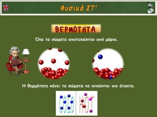 Όλα τα σώματα αποτελούνται από μόρια.
Η θερμότητα κάνει τα σώματα να κινούνται πιο άτακτα.
 