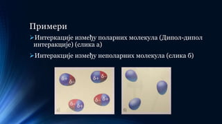 Примери
Интеркације између поларних молекула (Дипол-дипол
интеракције) (слика а)
Интеракције између неполарних молекула (слика б)
 