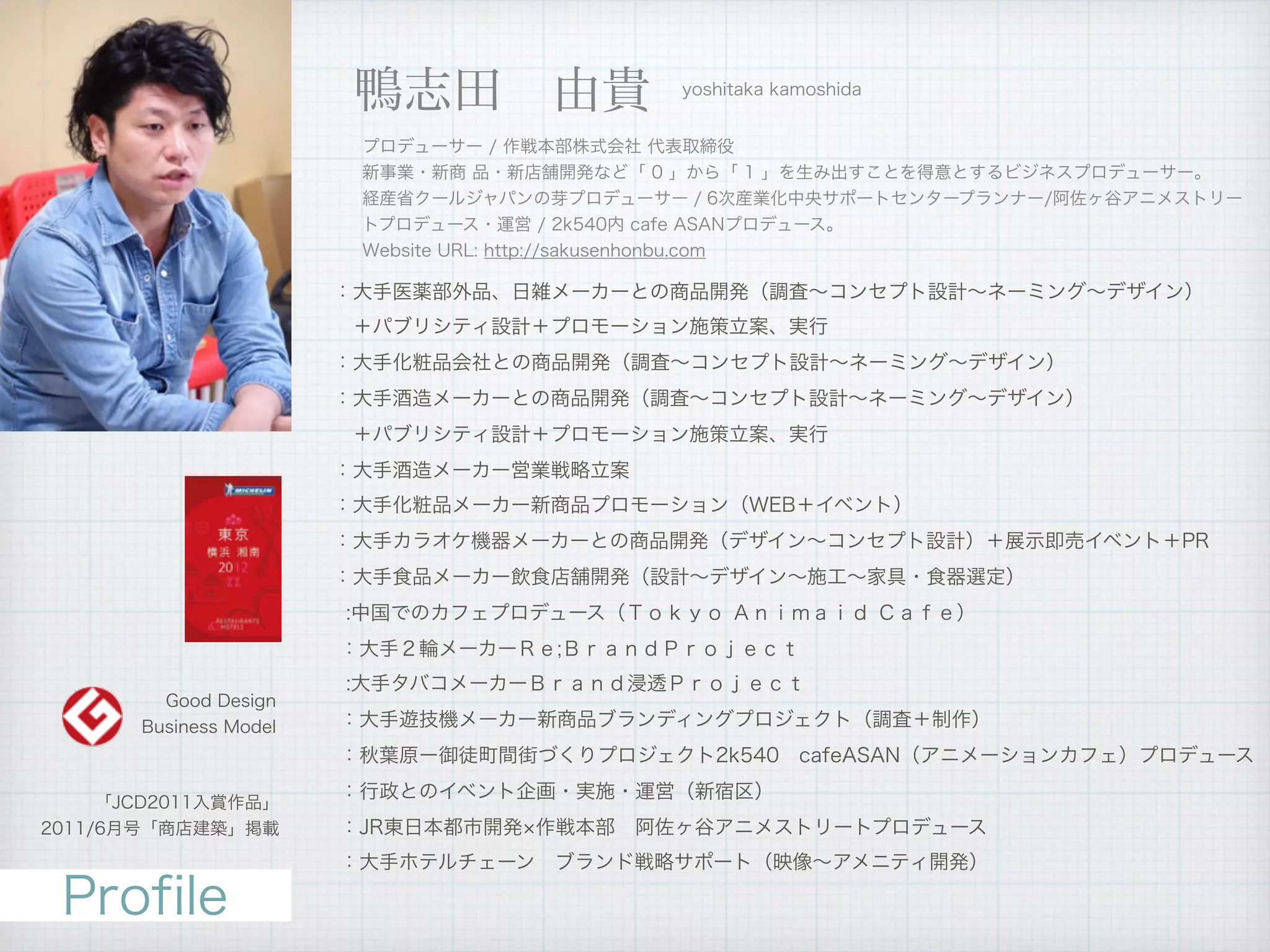 Profile
   ：大手医薬部外品、日雑メーカーとの商品開発（調査∼コンセプト設計∼ネーミング∼デザイン）
    ＋パブリシティ設計＋プロモーション施策立案、実行
   ：大手化粧品会社との商品開発（調査∼コンセプト設計∼ネーミング∼デザイン）
   ：大手酒造メーカーとの商品開発（調査∼コンセプト設計∼ネーミング∼デザイン）
    ＋パブリシティ設計＋プロモーション施策立案、実行
   ：大手酒造メーカー営業戦略立案
   ：大手化粧品メーカー新商品プロモーション（WEB＋イベント）
   ：大手カラオケ機器メーカーとの商品開発（デザイン∼コンセプト設計）＋展示即売イベント＋PR
  ：大手食品メーカー飲食店舗開発（設計∼デザイン∼施工∼家具・食器選定）
:中国でのカフェプロデュース（Ｔｏｋｙｏ Ａｎｉｍａｉｄ Ｃａｆｅ）
：大手２輪メーカーＲｅ;ＢｒａｎｄＰｒｏｊｅｃｔ
   :大手タバコメーカーＢｒａｎｄ浸透Ｐｒｏｊｅｃｔ
：大手遊技機メーカー新商品ブランディングプロジェクト（調査＋制作）
：秋葉原ー御徒町間街づくりプロジェクト2k540 cafeASAN（アニメーションカフェ）プロデュース
：行政とのイベント企画・実施・運営（新宿区） 
   ：JR東日本都市開発 作戦本部 阿佐ヶ谷アニメストリートプロデュース
   ：大手ホテルチェーン ブランド戦略サポート（映像∼アメニティ開発）
「JCD2011入賞作品」
2011/6月号「商店建築」掲載
Good Design
Business Model
鴨志田 由貴 yoshitaka kamoshida
プロデューサー / 作戦本部株式会社 代表取締役
新事業・新商 品・新店舗開発など「 0 」から「 1 」を生み出すことを得意とするビジネスプロデューサー。
経産省クールジャパンの芽プロデューサー / 6次産業化中央サポートセンタープランナー/阿佐ヶ谷アニメストリー
トプロデュース・運営 / 2k540内 cafe ASANプロデュース。
Website URL: http://sakusenhonbu.com
 