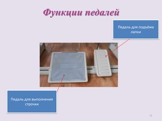 Функции педалей
11
Педаль для подъёма
лапки
Педаль для выполнения
строчки
 