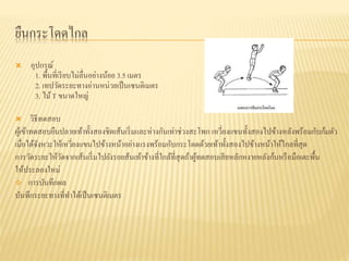 ยืนกระโดดไกล
 อุปกรณ์
1. พื้นที่เรียบไม่ลื่นอย่างน้อย 3.5 เมตร
2. เทปวัดระยะทางอ่านหน่วยเป็นเซนติเมตร
3. ไม้T ขนาดใหญ่
 วิธีทดสอบ
ผู้เข้าทดสอบยืนปลายเท้าทั้งสองชิดเส้นเริ่มและห่างกันเท่าช่วงสะโพก เหวี่ยงแขนทั้งสองไปข้างหลังพร้อมกับก้มตัว
เมื่อได้จังหวะให้เหวี่ยงแขนไปข้างหน้าอย่างแรงพร้อมกับกระโดดด้วยเท้าทั้งสองไปข้างหน้าให้ไกลที่สุด
การวัดระยะให้วัดจากเส้นเริ่มไปยังรอยส้นเท้าข้างที่ใกล้ที่สุดถ้าผู้ทดสอบเสียหลักหงายหลังก้นหรือมือเตะพื้น
ให้ประลองใหม่
 การบันทึกผล
บันทึกระยะทางที่ทาได้เป็นเซนติเมตร
 