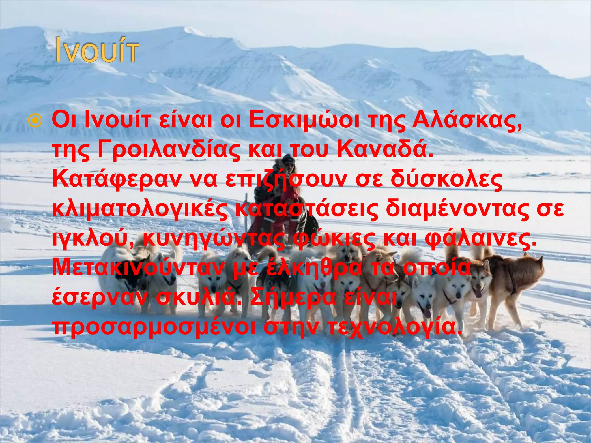  Οι Ινουίτ είναι οι Εσκιμώοι της Αλάσκας,
της Γροιλανδίας και του Καναδά.
Κατάφεραν να επιζήσουν σε δύσκολες
κλιματολογικές καταστάσεις διαμένοντας σε
ιγκλού, κυνηγώντας φώκιες και φάλαινες.
Μετακινούνταν με έλκηθρα τα οποία
έσερναν σκυλιά. Σήμερα είναι
προσαρμοσμένοι στην τεχνολογία.
 