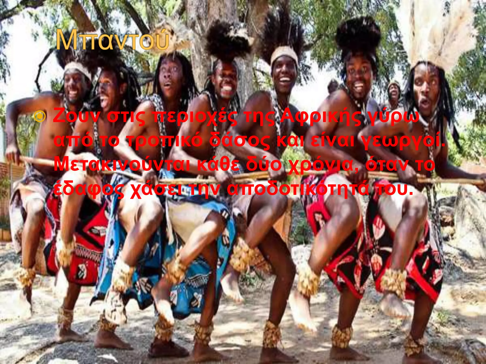  Ζουν στις περιοχές της Αφρικής γύρω
από το τροπικό δάσος και είναι γεωργοί.
Μετακινούνται κάθε δύο χρόνια, όταν το
έδαφος χάσει την αποδοτικότητά του.
 