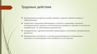 Трудовые действия
 Формирование конкретных знаний, умений и навыков в области истории и
обществознания
 Содействие в подготовке обучающихся к участию в олимпиадах, конкурсах,
исследовательских проектах, интеллектуальных марафонах, турнирах и ученических
конференциях по гуманитарным дисциплинам
 Сотрудничество с другими учителями гуманитарных и естественно-математических
дисциплин.
 Формирование способности к логическому рассуждению и коммуникации,
установки на использование этой способности, на ее ценность
 
