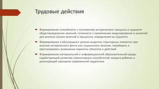 Трудовые действия
 Формирование способности к постижению исторического процесса и сущности
обществоведческих явлений, готовности к применению моделирования и аналогий
для анализа схожих явлений и процессов, определения их сущности
 Формирование у обучающихся умения выделять структурные элементы при
анализе исторического факта или социального явления, перебирать и
прогнозировать возможные варианты объектов и действий
 Формирование материальной и информационной образовательной среды,
содействующей развитию гуманитарных способностей каждого ребенка и
реализующей принципы современной педагогики
 
