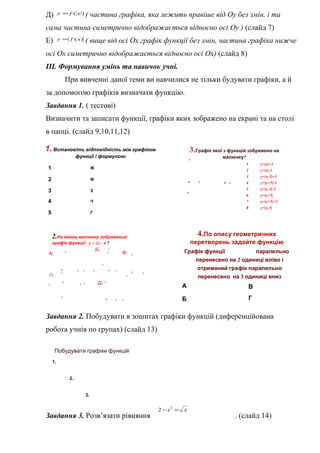 Д) ( частина графіка, яка лежить правіше від Оу без змін, і та
сама частина симетрично відображається відносно осі Оу ) (слайд 7)
Е) ( вище від осі Ох графік функції без змін, частина графіка нижче
осі Ох симетрично відображається відносно осі Ох) (слайд 8)
ІІІ. Формування умінь та навичок учні.
При вивченні даної теми ви навчилися не тільки будувати графіки, а й
за допомогою графіків визначати функцію.
Завдання 1. ( тестові)
Визначити та записати функції, графіки яких зображено на екрані та на столі
в папці. (слайд 9,10,11,12)
1. Встановіть відповідність між графіком
функції і формулою:
1
2
3
4
5
Ж
Ф
З
Ч
Г
2.На якому малюнку зображений
графік функції y = |x| - 4 ?y
y
x0
-4 4
-4
y
2
y
y
x0
4
-4
Б)
x
4
0
В)
Г)
Д)
x0
4
4
А)
x
4
0
3.Графік якої з функцій зображено на
малюнку?
y=|x-5|
y=|x+5|+3
y=|x+5|
y=|x-5|-3
y=|x+5|-3
y=|x-5|+3
y=|x|-3
y=|x|+3
8
7
6
5
4
3
2
1
0 2 8
y
x
-3
4.По опису геометричних
перетворень задайте функцію
Графік функції паралельно
перенесено на 2 одиниці вліво і
отриманий графік паралельно
перенесено на 3 одиниці вниз
А
Б
В
Г
Завдання 2. Побудувати в зошитах графіки функцій (диференційована
робота учнів по групах) (слайд 13)
Побудувати графіки функцій
1.
2.
3.
Завдання 3. Розв’язати рівняння . (слайд 14)
)( xfу =
хх =− 2
2
)(xfу =
 