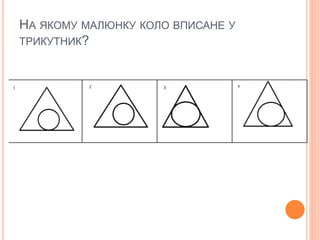 НА ЯКОМУ МАЛЮНКУ КОЛО ВПИСАНЕ У
ТРИКУТНИК?
 