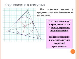 КОЛО ВПИСАНЕ В ТРИКУТНИК
Центром вписаного
у трикутник кола
є точка перетину
його бісектрис.
Центр вписаного
кола знаходиться
всередині
трикутника.
 