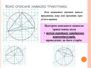 КОЛО ОПИСАНЕ НАВКОЛО ТРИКУТНИКА
Центром описаного навколо
трикутника кола
є точка перетину серединних
перпендикулярів,
проведених до його сторін.
 