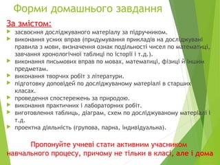 Форми домашнього завдання
За змістом:
 засвоєння досліджуваного матеріалу за підручником.
 виконання усних вправ (придумування прикладів на досліджувані
правила з мови, визначення ознак подільності чисел по математиці,
завчання хронологічної таблиці по історії і т.д.).
 виконання письмових вправ по мовах, математиці, фізиці й іншим
предметам.
 виконання творчих робіт з літератури.
 підготовку доповідей по досліджуваному матеріалі в старших
класах.
 проведення спостережень за природою.
 виконання практичних і лабораторних робіт.
 виготовлення таблиць, діаграм, схем по досліджуваному матеріалі і
т.д.
 проектна діяльність (групова, парна, індивідуальна).
Пропонуйте учневі стати активним учасником
навчального процесу, причому не тільки в класі, але і дома
 