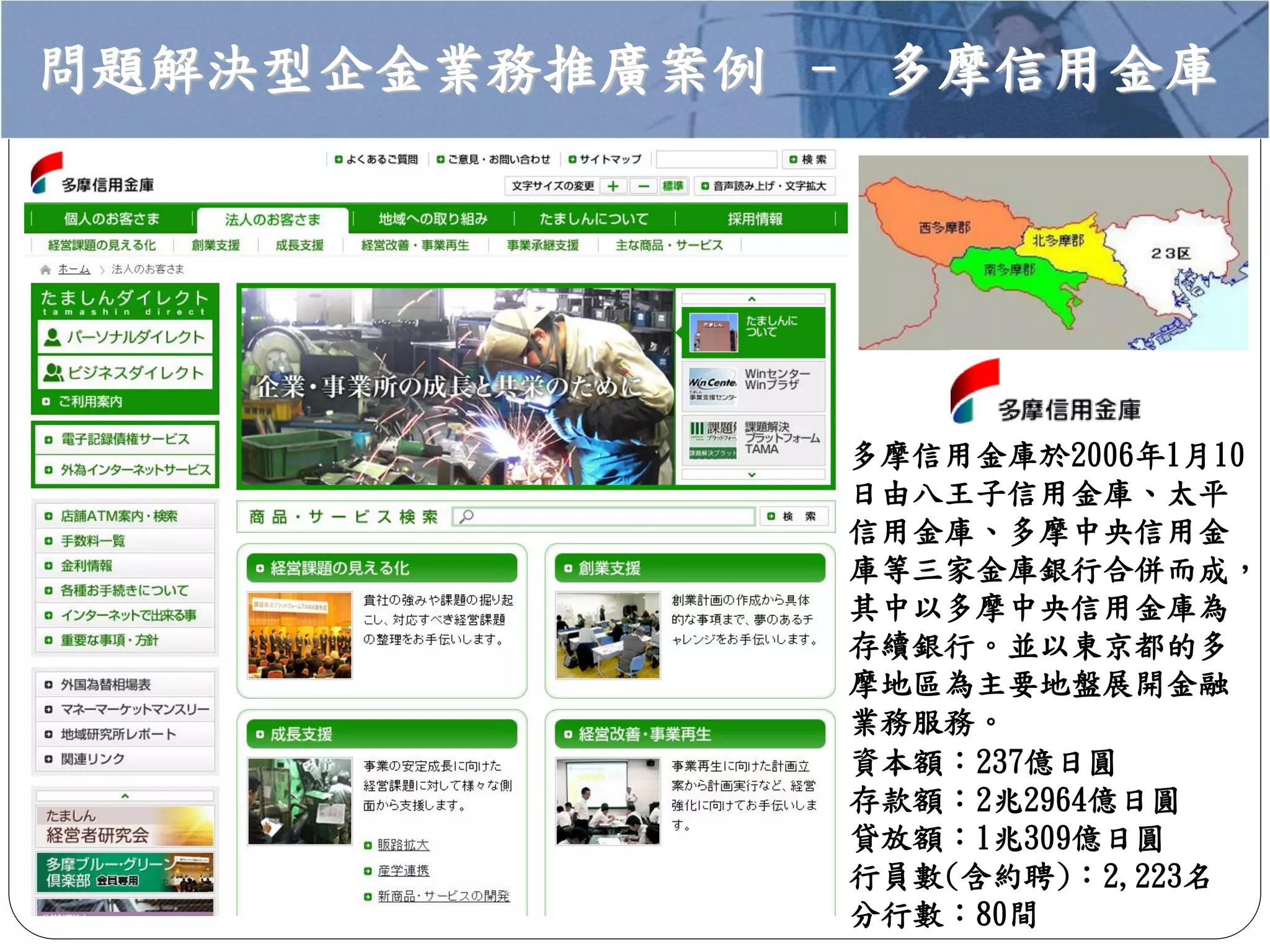 問題解決型企金業務推廣案例 – 多摩信用金庫
多摩信用金庫於2006年1月10
日由八王子信用金庫、太平
信用金庫、多摩中央信用金
庫等三家金庫銀行合併而成，
其中以多摩中央信用金庫為
存續銀行。並以東京都的多
摩地區為主要地盤展開金融
業務服務。
資本額：237億日圓
存款額：2兆2964億日圓
貸放額：1兆309億日圓
行員數(含約聘)：2,223名
分行數：80間
 