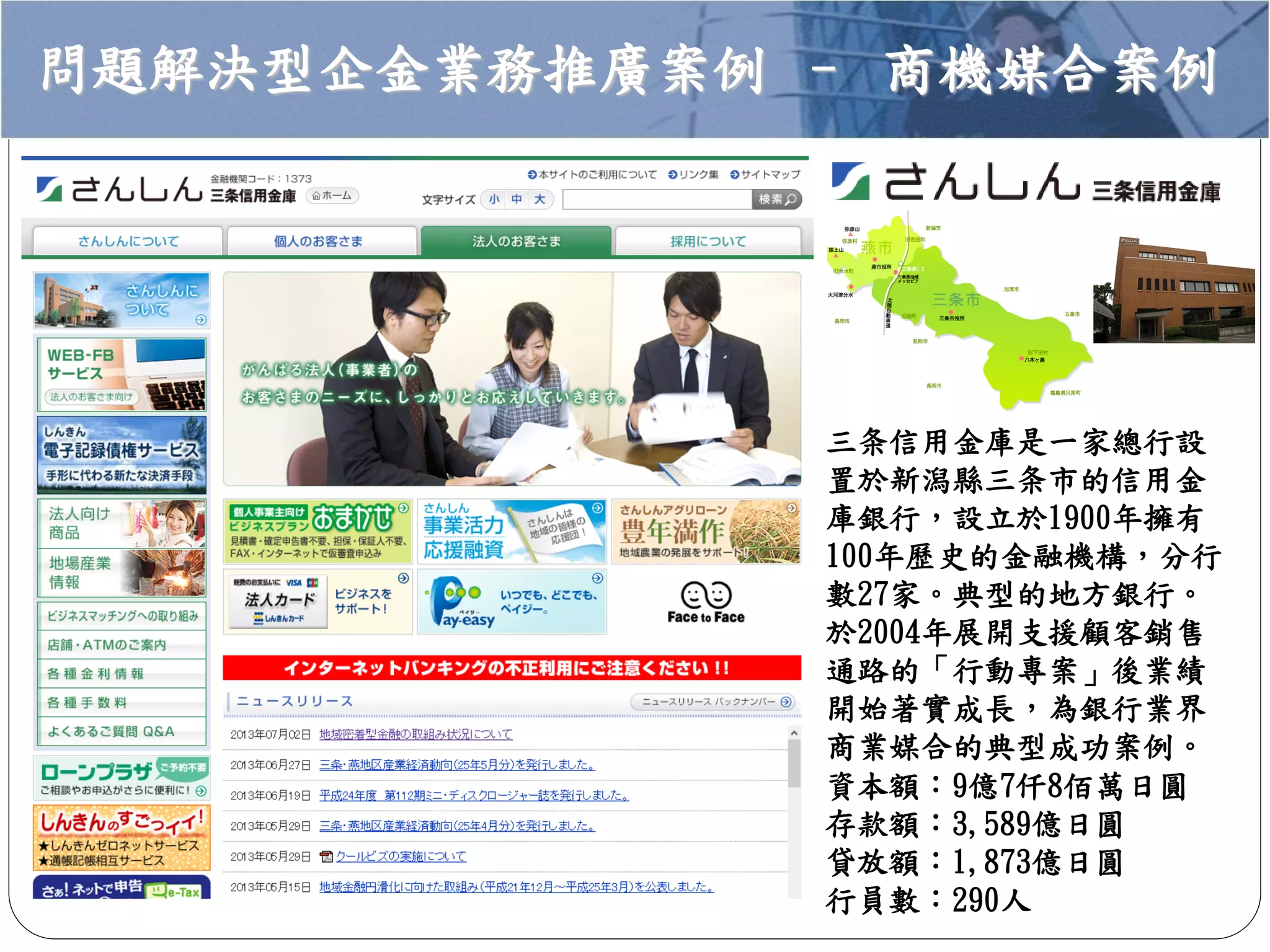 問題解決型企金業務推廣案例 – 商機媒合案例
三条信用金庫是一家總行設
置於新潟縣三条市的信用金
庫銀行，設立於1900年擁有
100年歷史的金融機構，分行
數27家。典型的地方銀行。
於2004年展開支援顧客銷售
通路的「行動專案」後業績
開始著實成長，為銀行業界
商業媒合的典型成功案例。
資本額：9億7仟8佰萬日圓
存款額：3,589億日圓
貸放額：1,873億日圓
行員數：290人
 