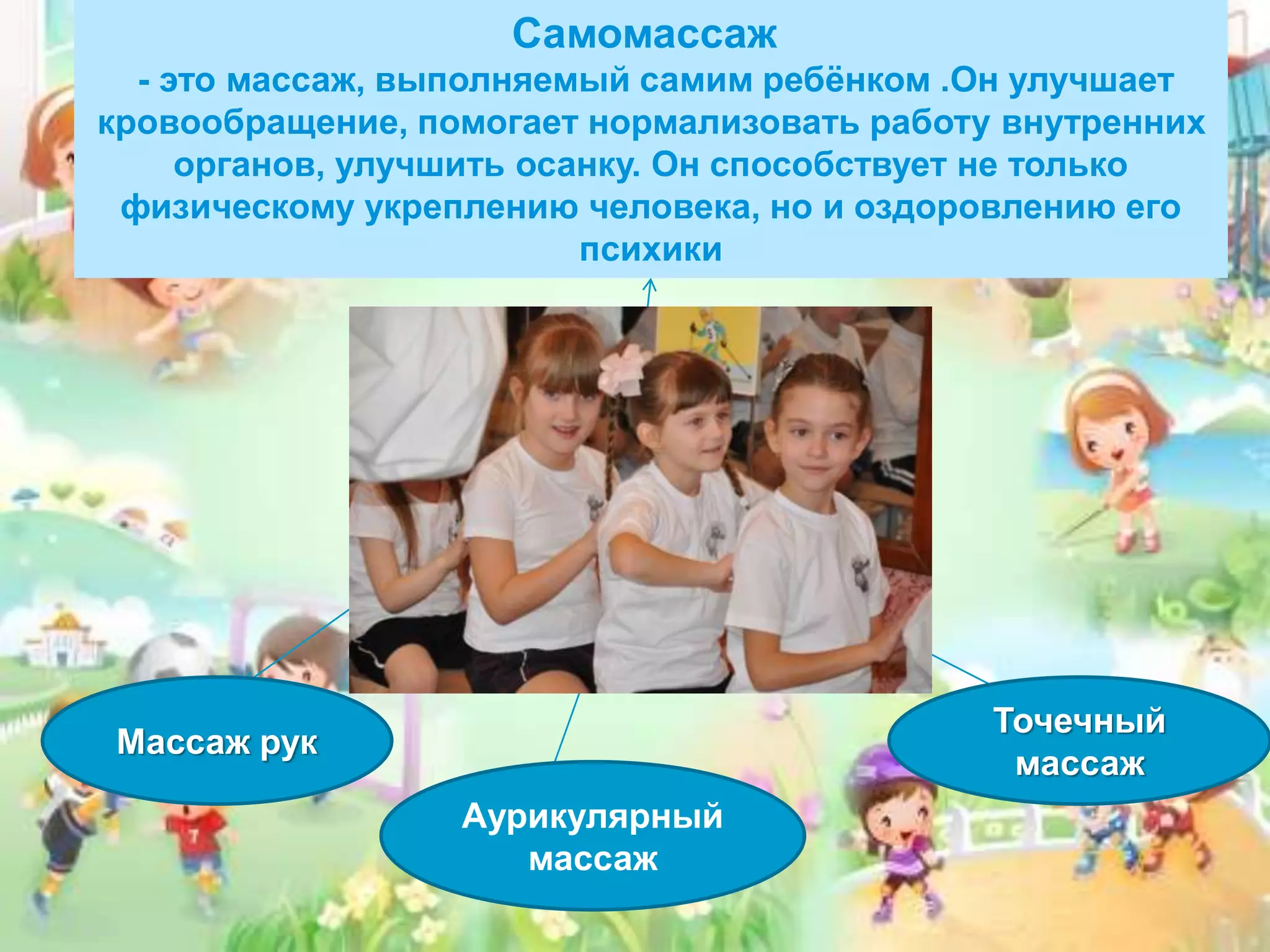 Самомассаж
- это массаж, выполняемый самим ребёнком .Он улучшает
кровообращение, помогает нормализовать работу внутренних
органов, улучшить осанку. Он способствует не только
физическому укреплению человека, но и оздоровлению его
психики
Массаж рук
Аурикулярный
массаж
Точечный
массаж
 