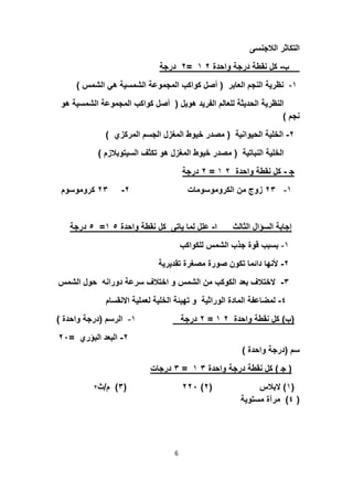 ‫اﻟﻼﺟﻧﺳﻰ‬ ‫اﻟﺗﻛﺎﺛر‬
‫ب‬-‫واﺣدة‬ ‫درﺟﺔ‬ ‫ﻧﻘطﺔ‬ ‫ﻛل‬٢١=٢‫درﺟﺔ‬
١-‫اﻟﻌﺎﺑر‬ ‫اﻟﻧﺟم‬ ‫ﻧظرﯾﺔ‬)‫ا‬ ‫ھﻲ‬ ‫اﻟﺷﻣﺳﯾﺔ‬ ‫اﻟﻣﺟﻣوﻋﺔ‬ ‫ﻛواﻛب‬ ‫أﺻل‬‫ﻟﺷﻣس‬(
‫ھوﯾل‬ ‫اﻟﻔرﯾد‬ ‫ﻟﻠﻌﺎﻟم‬ ‫اﻟﺣدﯾﺛﺔ‬ ‫اﻟﻧظرﯾﺔ‬)‫اﻟﻣ‬ ‫ﻛواﻛب‬ ‫أﺻل‬‫ھو‬ ‫اﻟﺷﻣﺳﯾﺔ‬ ‫ﺟﻣوﻋﺔ‬
‫ﻧﺟم‬(
٢-‫اﻟﺣﯾواﻧﯾﺔ‬ ‫اﻟﺧﻠﯾﺔ‬)‫اﻟﻣرﻛزي‬ ‫اﻟﺟﺳم‬ ‫اﻟﻣﻐزل‬ ‫ﺧﯾوط‬ ‫ﻣﺻدر‬(
‫اﻟﻧﺑﺎﺗﯾﺔ‬ ‫اﻟﺧﻠﯾﺔ‬)‫اﻟﺳﯾﺗوﺑ‬ ‫ﺗﻛﺛف‬ ‫ھو‬ ‫اﻟﻣﻐزل‬ ‫ﺧﯾوط‬ ‫ﻣﺻدر‬‫ﻼزم‬(
‫ﺟ‬-‫واﺣدة‬ ‫ﻧﻘطﺔ‬ ‫ﻛل‬٢١=٢‫درﺟﺔ‬
١-٢٣‫اﻟﻛروﻣوﺳوﻣﺎت‬ ‫ﻣن‬ ‫زوج‬٢-٢٣‫ﻛروﻣوﺳوم‬
‫ا‬ ‫اﻟﺛﺎﻟث‬ ‫اﻟﺳؤال‬ ‫إﺟﺎﺑﺔ‬-‫واﺣد‬ ‫ﻧﻘطﺔ‬ ‫ﻛل‬ ‫ﯾﺎﺗﻰ‬ ‫ﻟﻣﺎ‬ ‫ﻋﻠل‬‫ة‬٥١=٥‫درﺟﺔ‬
١-‫ﻟﻠﻛواﻛب‬ ‫اﻟﺷﻣس‬ ‫ﺟذب‬ ‫ﻗوة‬ ‫ﺑﺳﺑب‬
٢-‫ﺗﻘدﯾرﯾﺔ‬ ‫ﻣﺻﻐرة‬ ‫ﺻورة‬ ‫ﺗﻛون‬ ‫داﺋﻣﺎ‬ ‫ﻷﻧﮭﺎ‬
٣-‫ﺣ‬ ‫دوراﻧﮫ‬ ‫ﺳرﻋﺔ‬ ‫اﺧﺗﻼف‬ ‫و‬ ‫اﻟﺷﻣس‬ ‫ﻣن‬ ‫اﻟﻛوﻛب‬ ‫ﺑﻌد‬ ‫ﻻﺧﺗﻼف‬‫اﻟﺷﻣس‬ ‫ول‬
٤-‫اﻻﻧ‬ ‫ﻟﻌﻣﻠﯾﺔ‬ ‫اﻟﺧﻠﯾﺔ‬ ‫ﺗﮭﯾﺋﺔ‬ ‫و‬ ‫اﻟوراﺛﯾﺔ‬ ‫اﻟﻣﺎدة‬ ‫ﻟﻣﺿﺎﻋﻔﺔ‬‫ﻘﺳﺎم‬
)‫ب‬(‫واﺣدة‬ ‫ﻧﻘطﺔ‬ ‫ﻛل‬٢١=٢‫درﺟﺔ‬١-‫اﻟرﺳم‬)‫واﺣدة‬ ‫درﺟﺔ‬(
٢-‫اﻟﺑؤري‬ ‫اﻟﺑﻌد‬=٢٠
‫ﺳم‬)‫واﺣدة‬ ‫درﺟﺔ‬(
)‫ﺟ‬(‫واﺣدة‬ ‫درﺟﺔ‬ ‫ﻧﻘطﺔ‬ ‫ﻛل‬٣١=٣‫درﺟﺎت‬
)١(‫ﻻﺑﻼس‬)٢(٢٢٠)٣(‫م‬/‫ث‬٢
)٤(‫ﻣﺳﺗوﯾﺔ‬ ‫ﻣرآة‬
6
 