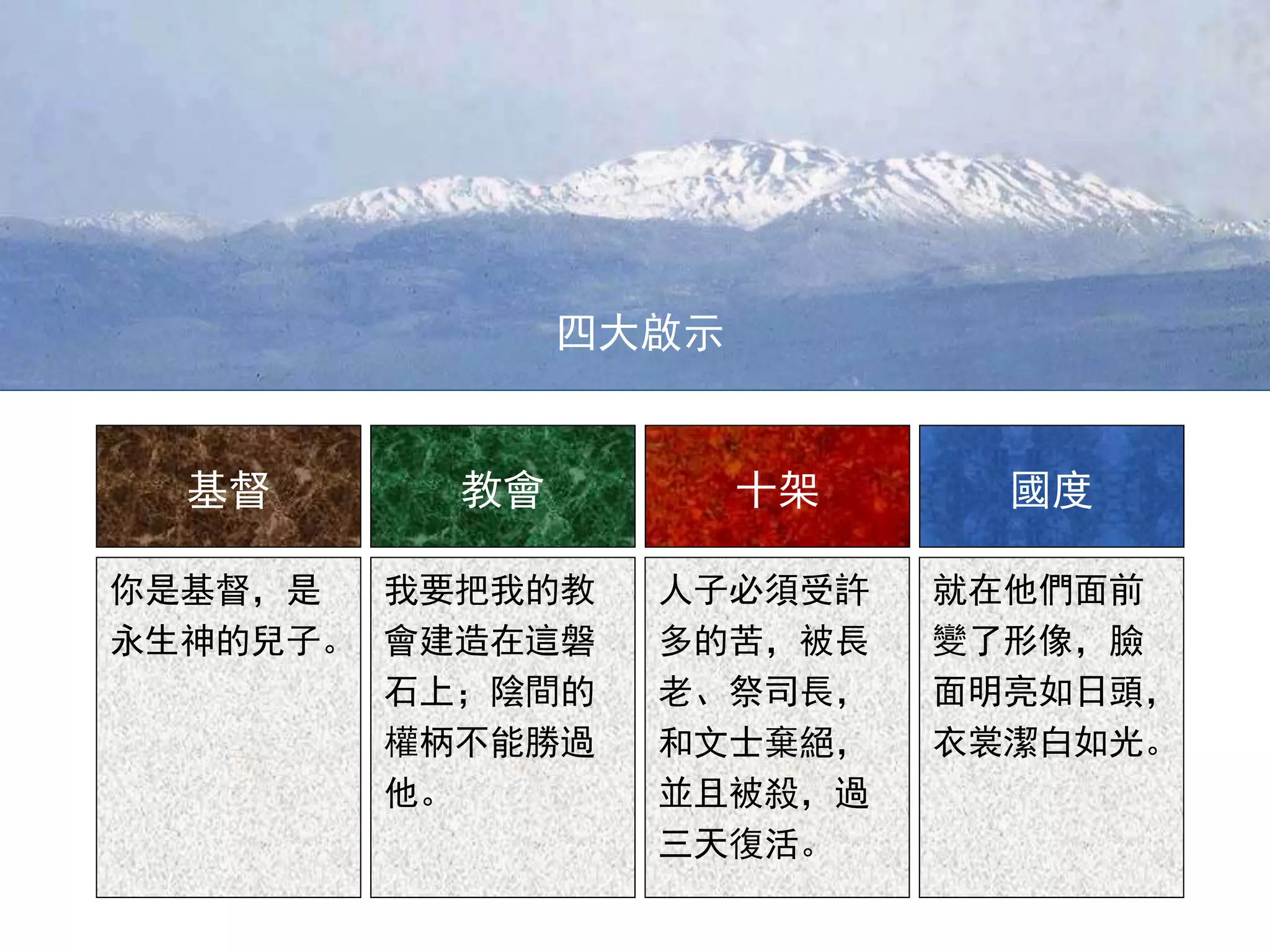 基督 教會 十架 國度
你是基督，是
永生神的兒子。
我要把我的教
會建造在這磐
石上；陰間的
權柄不能勝過
他。
人子必須受許
多的苦，被長
老、祭司長，
和文士棄絕，
並且被殺，過
三天復活。
就在他們面前
變了形像，臉
面明亮如日頭，
衣裳潔白如光。
四大啟示
 