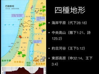 四種地形
• 海岸平原（代下28:18）
• 中央高山（撒下1:21、詩
125:2）
• 約旦河谷（王下5:12）
• 東部高原（申32:14、王下
3:4）
 