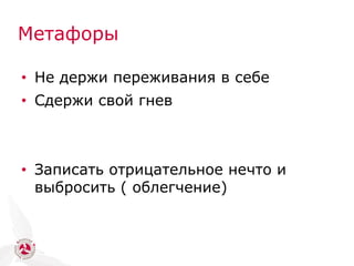 Метафоры
• Не держи переживания в себе
• Сдержи свой гнев
• Записать отрицательное нечто и
выбросить ( облегчение)
 