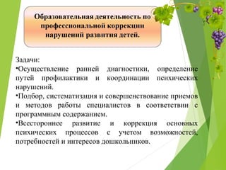 Задачи:
•Осуществление ранней диагностики, определение
путей профилактики и координации психических
нарушений.
•Подбор, систематизация и совершенствование приемов
и методов работы специалистов в соответствии с
программным содержанием.
•Всестороннее развитие и коррекция основных
психических процессов с учетом возможностей,
потребностей и интересов дошкольников.
 