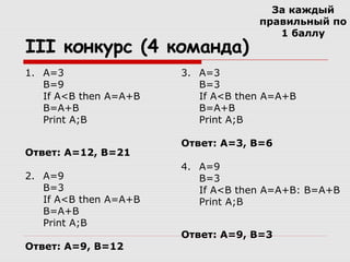 III конкурс (4 команда)
1. A=3
B=9
If A<B then A=A+B
B=A+B
Print A;B
Ответ: А=12, В=21
2. A=9
B=3
If A<B then A=A+B
B=A+B
Print A;B
Ответ: А=9, В=12
3. A=3
B=3
If A<B then A=A+B
B=A+B
Print A;B
Ответ: А=3, В=6
4. A=9
B=3
If A<B then A=A+B: B=A+B
Print A;B
Ответ: А=9, В=3
За каждый
правильный по
1 баллу
 