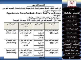 ‫التجريبي‬ ‫التصميم‬
‫البحث‬ ‫مشكلة‬
‫أهداف‬‫البحث‬
‫أهمية‬‫البحث‬
‫البحث‬ ‫فروض‬
‫حدود‬‫البحث‬
‫متغيرات‬‫البحث‬
‫النتائج‬
‫البحث‬ ‫اجراءات‬
‫اإلحصائية‬ ‫األساليب‬
‫منهج‬‫البحث‬
‫البحث‬ ‫أدوات‬
‫التصمي‬ ‫استخدام‬ ‫تم‬ ،‫ومستوياته‬ ‫الحالي‬ ‫البحث‬ ‫موضع‬ ‫المستقل‬ ‫المتغير‬ ‫ضوء‬ ‫فى‬‫التجريبي‬ ‫م‬
‫التجريبية‬ ‫مجموعات‬ ‫لثالث‬.
Experimental GroupPre-Test – Post – Test Three Groups
Design""
‫للبحث‬ ‫التجريبي‬ ‫التصميم‬ ‫التالي‬ ‫الجدول‬ ‫ويوضح‬ ،:
‫جدول‬(1: )‫التجريبية‬ ‫مجموعات‬ ‫لثالث‬ ‫والبعدى‬ ‫القبلى‬ ‫التجريبي‬ ‫التصميم‬.
‫المجموعات‬‫القبلى‬ ‫القياس‬‫التجريبية‬ ‫المعالجة‬
‫االولى‬
‫البعدي‬ ‫القياس‬
‫ةةةةة‬‫ة‬‫التجريبي‬ ‫المجموعةةةةة‬
‫األولى‬(‫مج‬1.)
(‫ةةةةةةةةةةةةةةةةةةةةةةةةار‬‫ة‬‫اختب‬
‫تحصيلى‬)
-(‫ةةةةةةةةةةةةةةةةةةةةةةةةةة‬‫ة‬‫بطاق‬
‫مالحظة‬.)
‫مقترح‬ ‫افتراضى‬ ‫معمل‬
‫التعلم‬ ‫نمط‬ ‫علي‬ ‫قائم‬
‫الفردى‬.
(‫تحصيلى‬ ‫اختبار‬)
-(‫مالحظة‬ ‫بطاقة‬.)
‫ةةةةة‬‫ة‬‫التجريبي‬ ‫المجموعةةةةة‬
‫الثانية‬(‫مج‬2.)
(‫ةةةةةةةةةةةةةةةةةةةةةةةةار‬‫ة‬‫اختب‬
‫تحصيلى‬)
-(‫ةةةةةةةةةةةةةةةةةةةةةةةة‬‫ة‬‫بطاق‬
‫مالحظة‬.)
‫مقترح‬ ‫افتراضى‬ ‫معمل‬
‫التعلم‬ ‫نمط‬ ‫علي‬
‫التعاونى‬.
(‫تحصيلى‬ ‫اختبار‬)
-(‫مالحظة‬ ‫بطاقة‬.)
‫ةةةةة‬‫ة‬‫التجريبي‬ ‫المجموعةةةةة‬
‫الثالثة‬(‫مج‬3.)
(‫ةةةةةةةةةةةةةةةةةةةةةةةةار‬‫ة‬‫اختب‬
‫تحصيلى‬)
-(‫ةةةةةةةةةةةةةةةةةةةةةةةة‬‫ة‬‫بطاق‬
‫مالحظة‬.)
‫مقترح‬ ‫افتراضى‬ ‫معمل‬
‫التعلم‬ ‫نمط‬ ‫علي‬ ‫قائم‬
‫التشاركى‬.
(‫تحصيلى‬ ‫اختبار‬)
-(‫مالحظة‬ ‫بطاقة‬.)
 