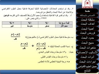 ‫البحث‬ ‫مشكلة‬
‫أهداف‬‫البحث‬
‫أهمية‬‫البحث‬
‫البحث‬ ‫فروض‬
‫حدود‬‫البحث‬
‫متغيرات‬‫البحث‬
‫النتائج‬
‫البحث‬ ‫اجراءات‬
‫اإلحصائية‬ ‫األساليب‬
‫منهج‬‫البحث‬
‫البحث‬ ‫أدوات‬
‫إيتا‬ ‫مربع‬ ‫قيمة‬%%%
‫األثر‬ ‫حجم‬‫صغير‬‫متوسط‬‫كبير‬
 