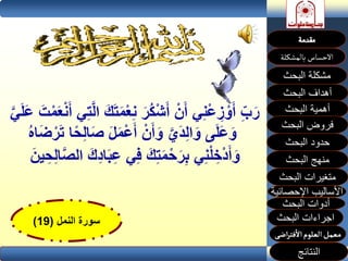 ‫سورة‬‫النمل‬(19)
‫البحث‬ ‫مشكلة‬
‫أهداف‬‫البحث‬
‫أهمية‬‫البحث‬
‫البحث‬ ‫فروض‬
‫حدود‬‫البحث‬
‫متغيرات‬‫البحث‬
‫النتائج‬
‫البحث‬ ‫اجراءات‬
‫اإلحصائية‬ ‫األساليب‬
‫منهج‬‫البحث‬
‫البحث‬ ‫أدوات‬
ْ‫ع‬ِّ‫ن‬ ‫ُر‬‫ك‬ْ‫ش‬‫أ‬ ْ‫ن‬‫أ‬ ‫ي‬ِّ‫ن‬ْ‫ع‬ ِّ‫ز‬ ْ‫و‬‫أ‬ ِّ‫ب‬‫ر‬‫ت‬ْ‫م‬‫ع‬ْ‫ن‬‫أ‬ ‫ي‬ِّ‫ت‬َّ‫ل‬‫ا‬ ‫ك‬‫ت‬‫م‬َّ‫ي‬‫ل‬‫ع‬
‫ص‬ ‫ل‬‫م‬ْ‫ع‬‫أ‬ ْ‫ن‬‫أ‬‫و‬ َّ‫ي‬‫د‬ِّ‫ل‬‫ا‬‫و‬ ‫ى‬‫ل‬‫ع‬‫و‬ُ‫ه‬‫ا‬‫ض‬ْ‫ر‬‫ت‬ ‫ا‬ً‫ح‬ِّ‫ل‬‫ا‬
‫ب‬ِّ‫ع‬ ‫ي‬ِّ‫ف‬ ‫ك‬ِّ‫ت‬‫م‬ْ‫ح‬‫ر‬ِّ‫ب‬ ‫ي‬ِّ‫ن‬ْ‫ل‬ ِّ‫خ‬ْ‫د‬‫أ‬‫و‬‫ين‬ ِّ‫ح‬ِّ‫ل‬‫ا‬َّ‫ص‬‫ال‬ ‫ك‬ِّ‫د‬‫ا‬
 